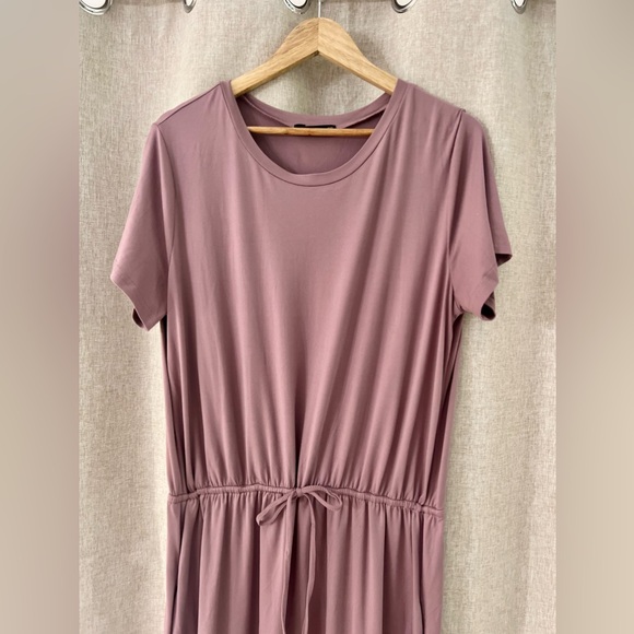 Womens Plain Solid Short Sleeve Casual Pockets Midi Dress with Belt Purple - Picture 2 of 9